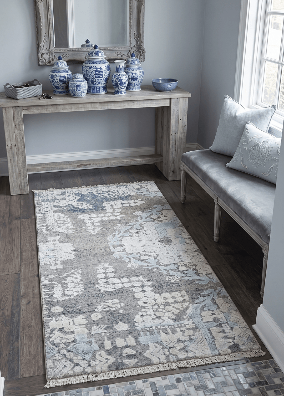 2x4 Beige and Blue Wool and Silk Hand Knotted traditional Vintage Antique Rug - The Rug Decor
