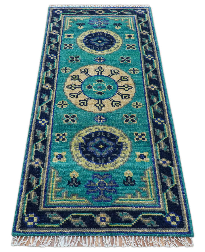 Traditional Khotan Design Teal Hand knotted 3x6 Wool Area Rug
