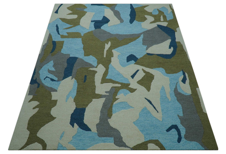 Custom Made Abstract Blue And Green Wool Rug