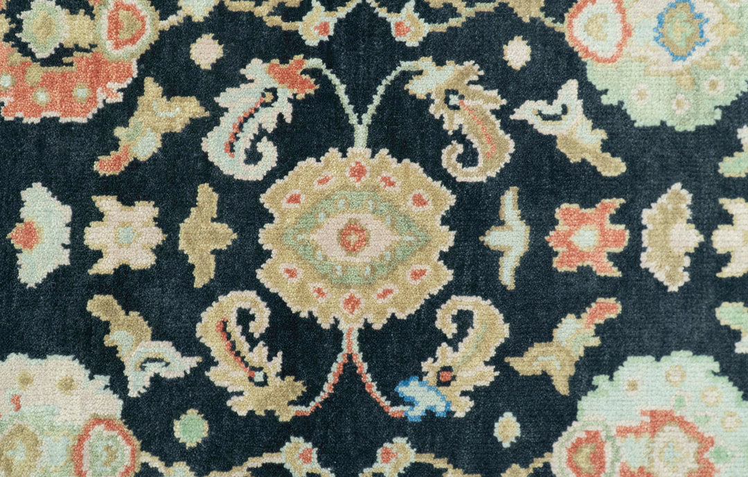 Long Runner 4x15 Hand Knotted Black Colorful Oushak Wool Rug
