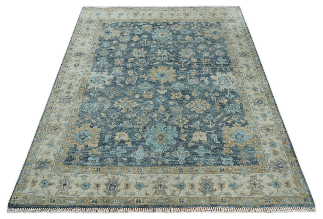 Ready to Ship 4x6 Teal And Beige Hand Knotted Oushak Wool Rug