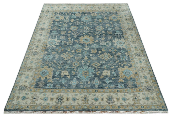 Ready to Ship 4x6 Teal And Beige Hand Knotted Oushak Wool Rug