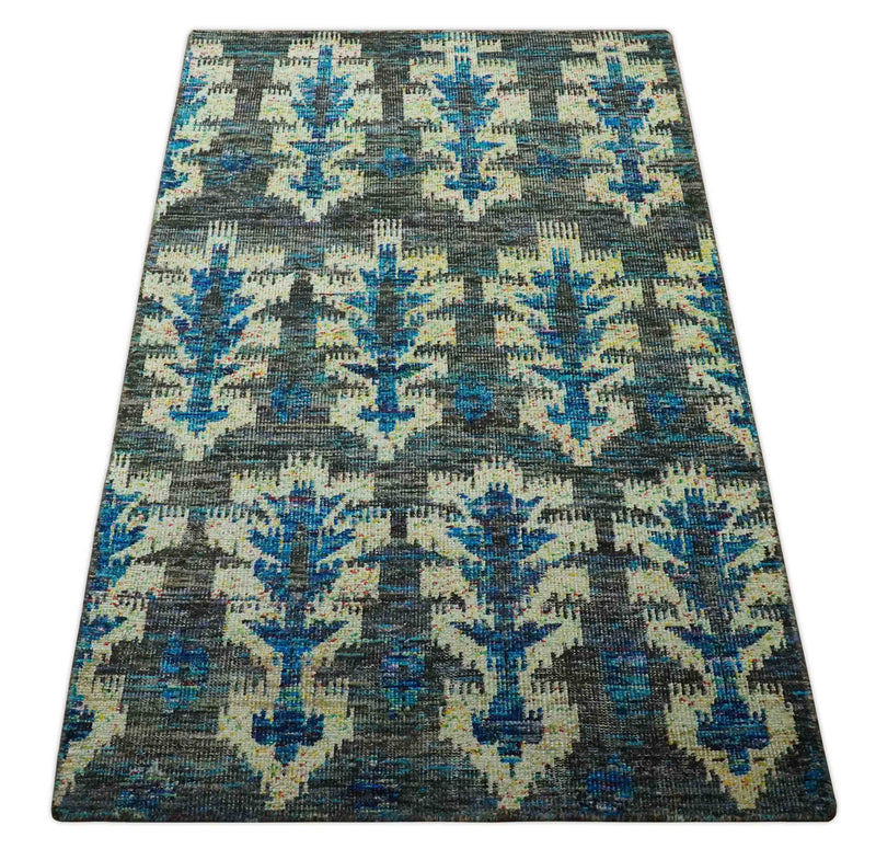 5x8 Traditional Ikat design Charcoal, Blue and Beige Hand knotted wool area rug