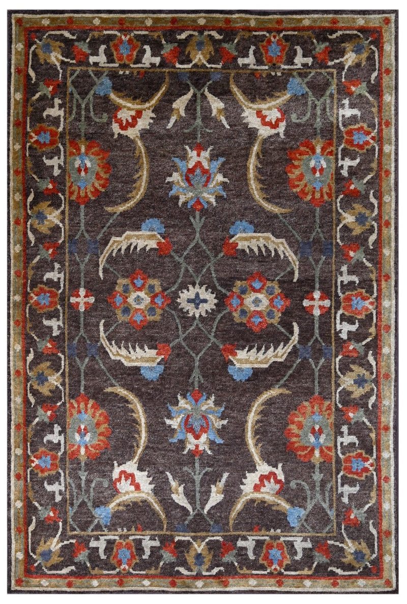 Colorful Dark Brown, Olive, Ivory and Rust Oriental Oushak 6x9 wool Area Rug