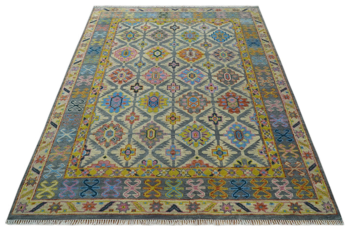 Hand Knotted Beige, Gray and Mustard Oriental 8x10 Wool Area Rug
