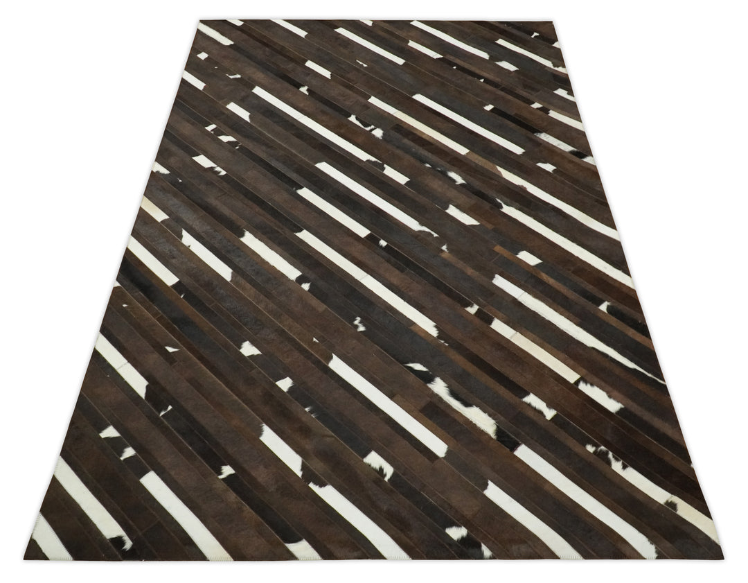 Quick Ship 2.6x8 Modern Stripe Brown And Ivory Handmade Leather Rug