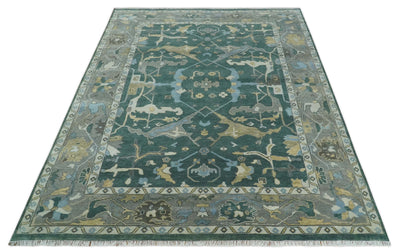 Oriental Oushak Teal Green and Gray 9x12 Hand Knotted Wool Area Rug
