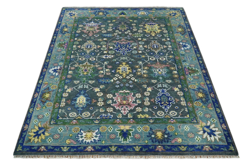 Ready to Ship Hand Knotted Green Moss and Blue Traditional Turkish Design Wool Rug
