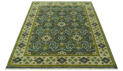 Blue and Olive Traditional motifs design Custom Made wool area rug