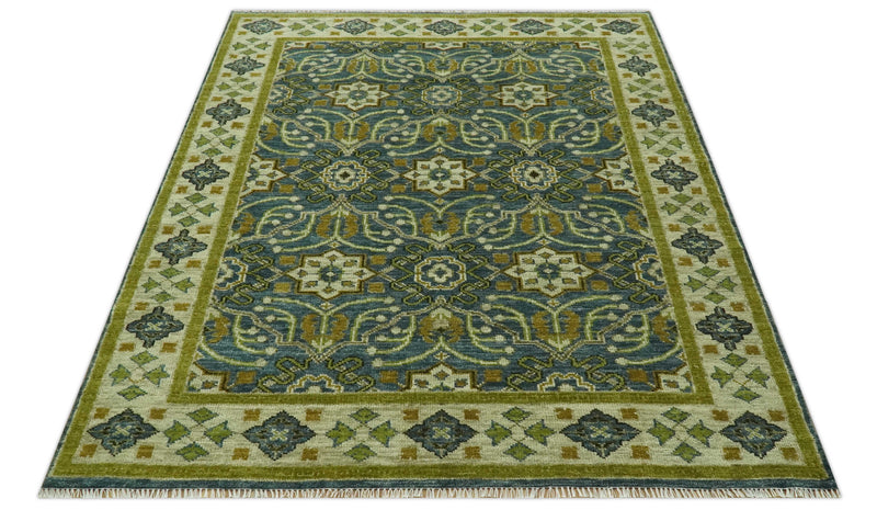 Blue and Olive Traditional motifs design Custom Made wool area rug