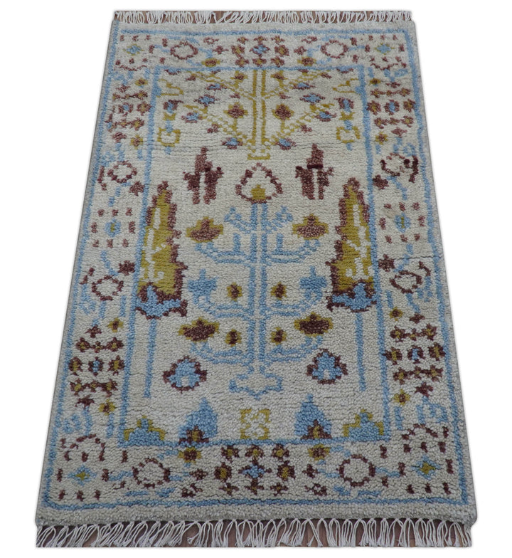 Tree of life Beige And Blue Hand Knotted 2x3 Wool Rug