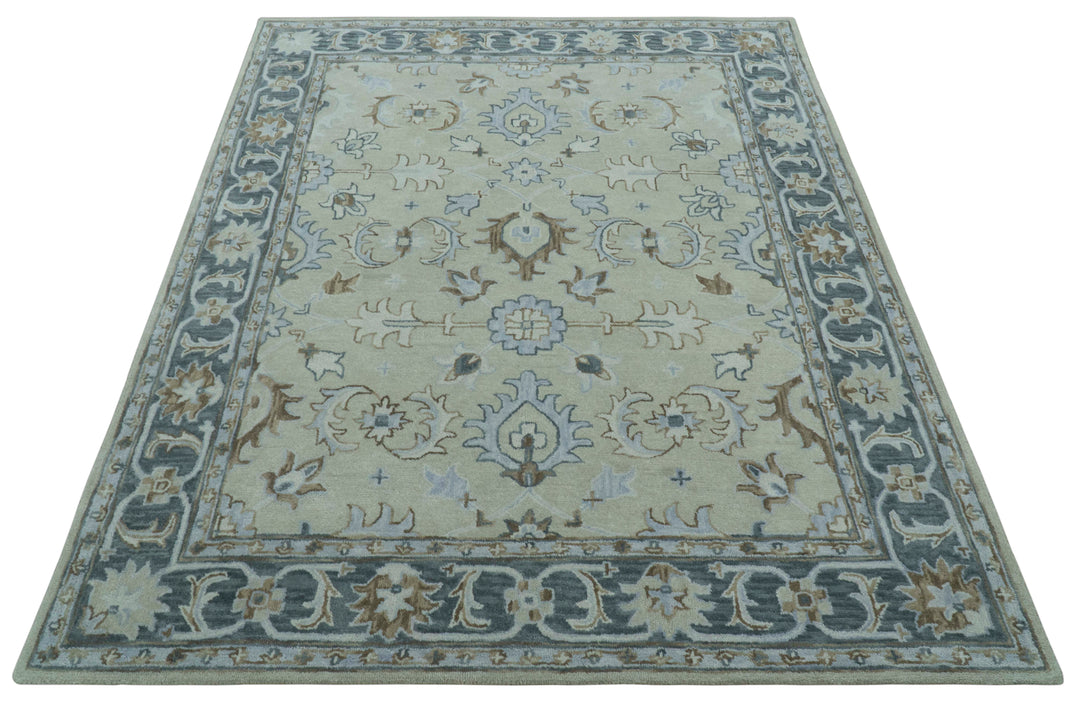 Traditional Oushak Design Beige And Blue Hand Tufted Custom Made Wool Rug