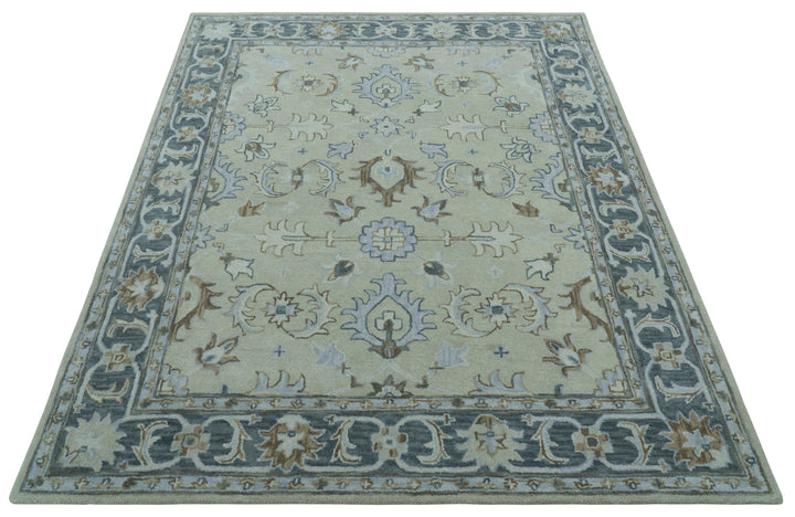 Traditional Oushak Design Beige And Blue Hand Tufted Custom Made Wool Rug