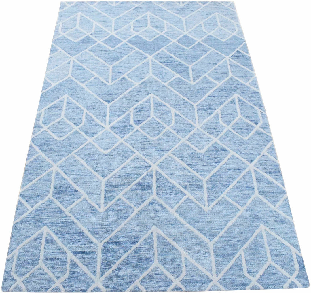 Quick Ship Modern Contemporary Blue And White Hand Tufted 5x8 Wool Rug