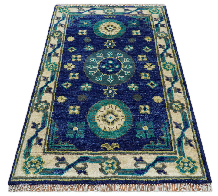 In Stock Khotan Design Blue And Beige Hand Knotted 4x6 Wool Rug