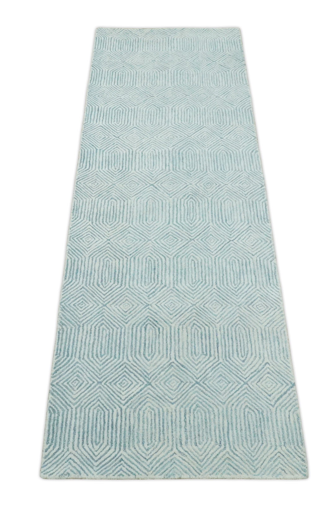 Ready to Ship Teal And Ivory Modern Contemporary Hand Tufted 2.6x8 Wool Rug
