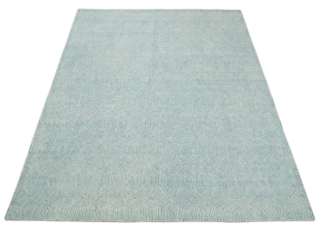 Quick Ship Teal And Ivory Modern Contemporary Hand Tufted 5x8 Wool Rug