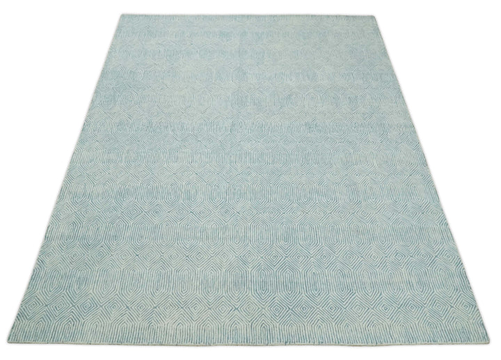 Quick Ship Teal And Ivory Modern Contemporary Hand Tufted 5x8 Wool Rug