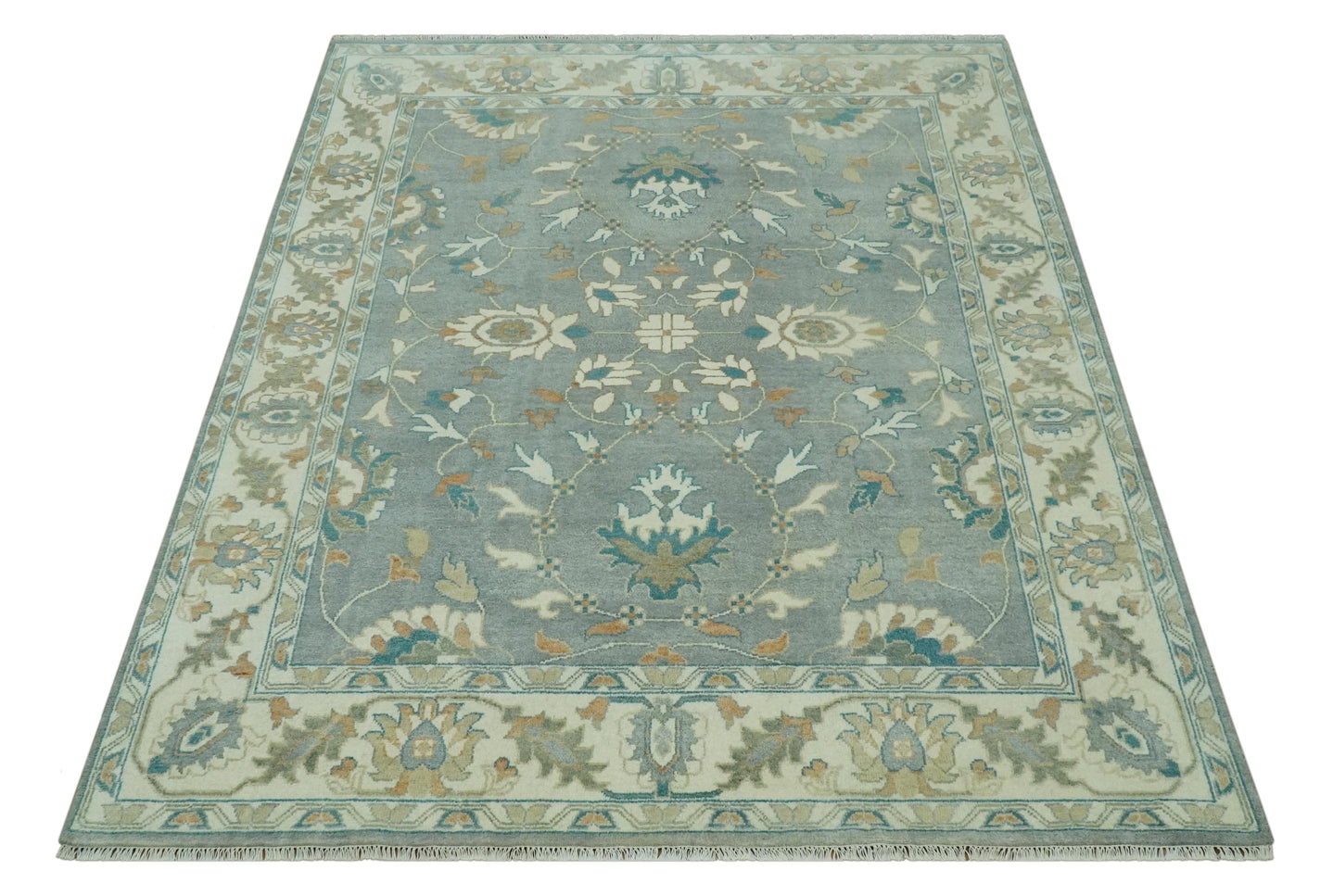 8x10 Traditional Floral Silver and Ivory Hand Knotted wool area rug