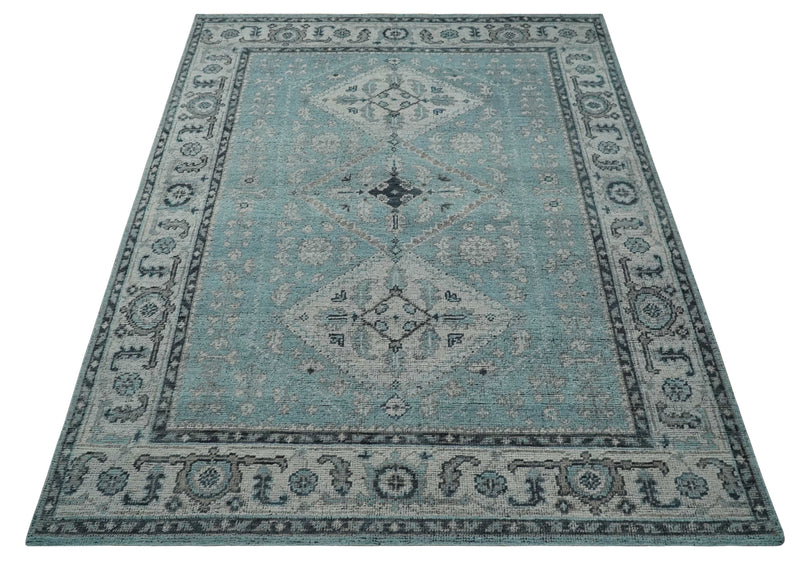 Distressed Hand Knotted Multi Size Blue, Silver and Charcoal Traditional Low Pile Wool Area Rug
