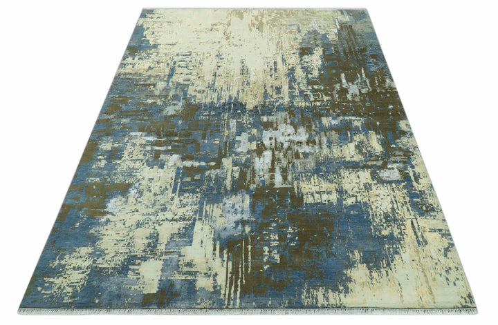 Modern Abstract Design Beige And Blue 9x12 Hand Knotted Wool Area Rug
