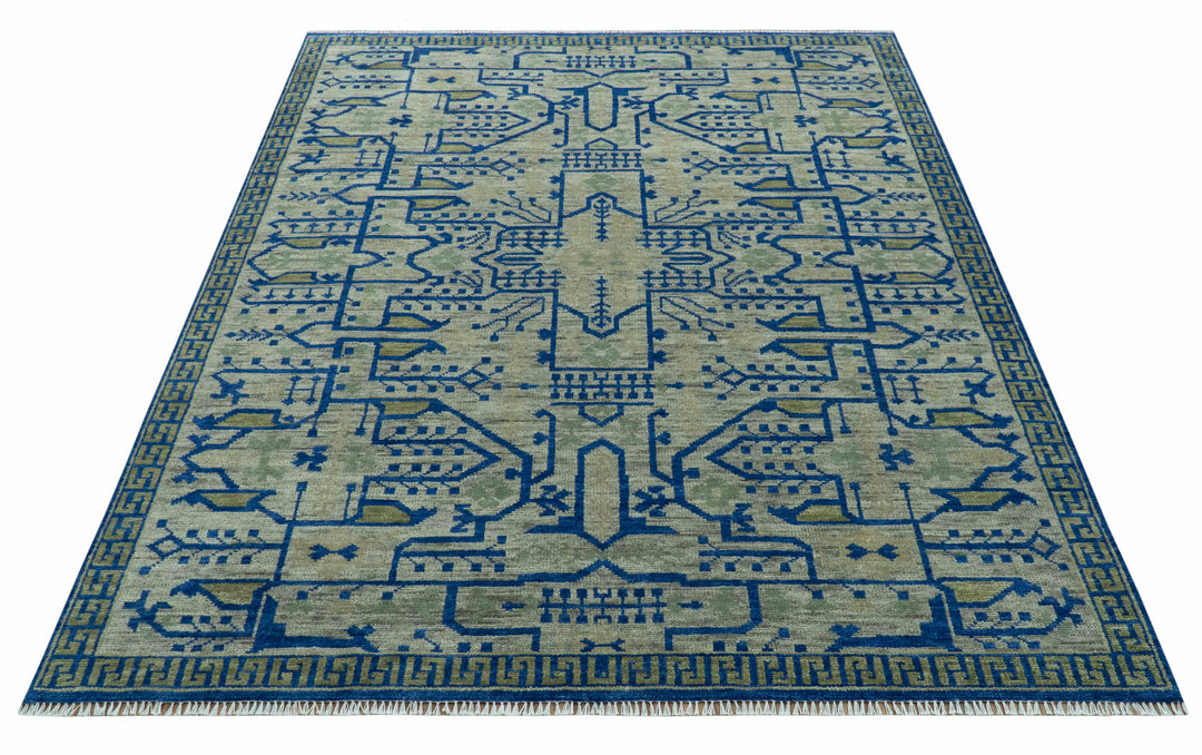 Blue And Beige Modern Design Hand Knotted Custom Made Wool Area Rug