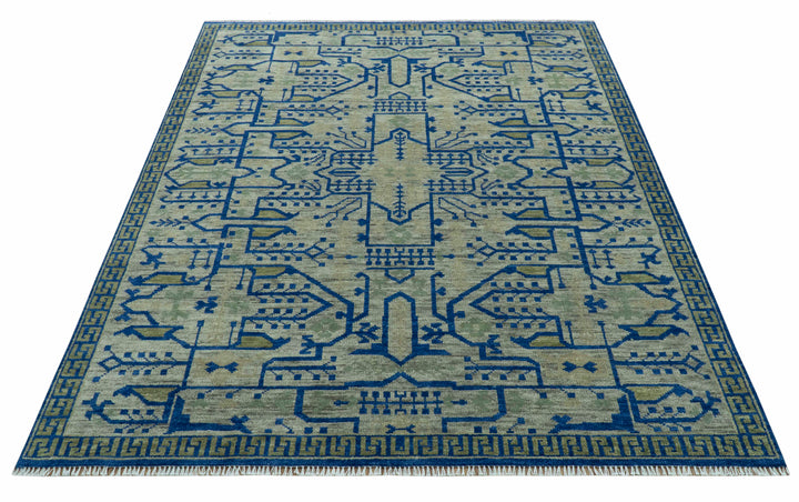 Blue And Beige Modern Design Hand Knotted Custom Made Wool Area Rug