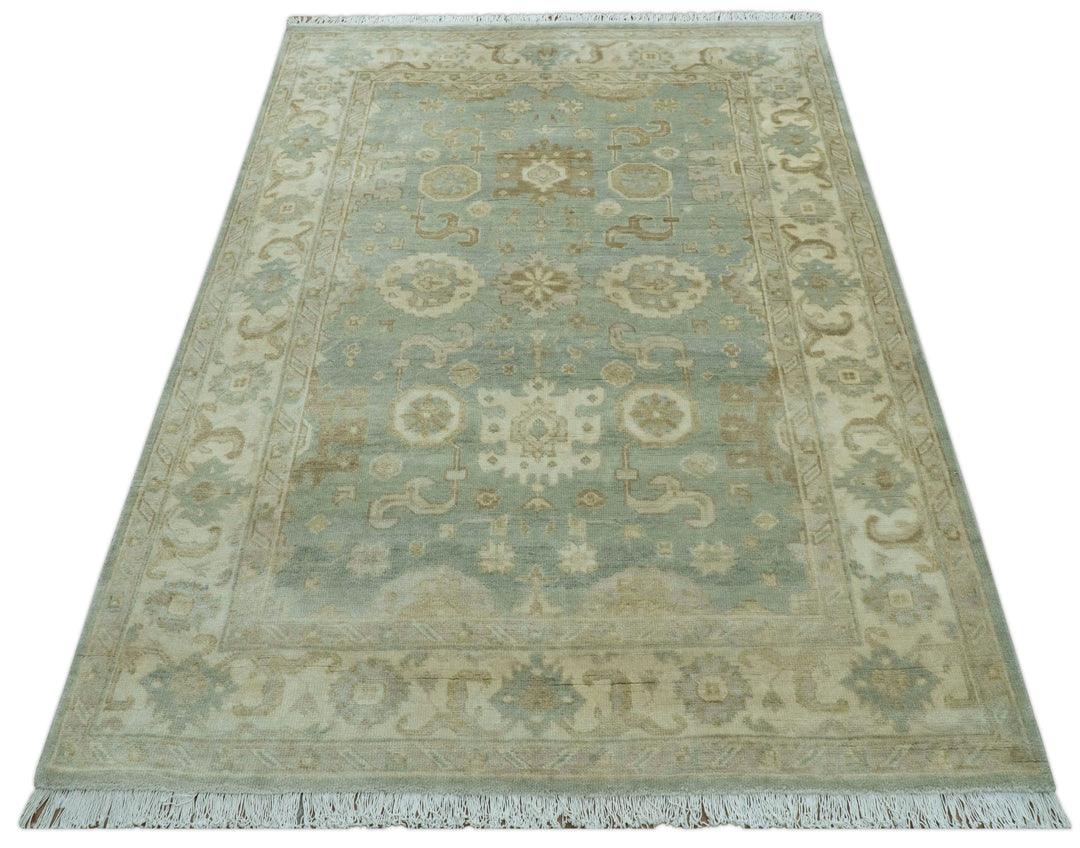 Beige And Blue Traditional Oushak Design  6x9 Hand Knotted Wool Area Rug