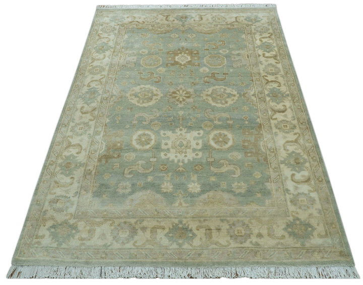 Beige And Blue Traditional Oushak Design  6x9 Hand Knotted Wool Area Rug