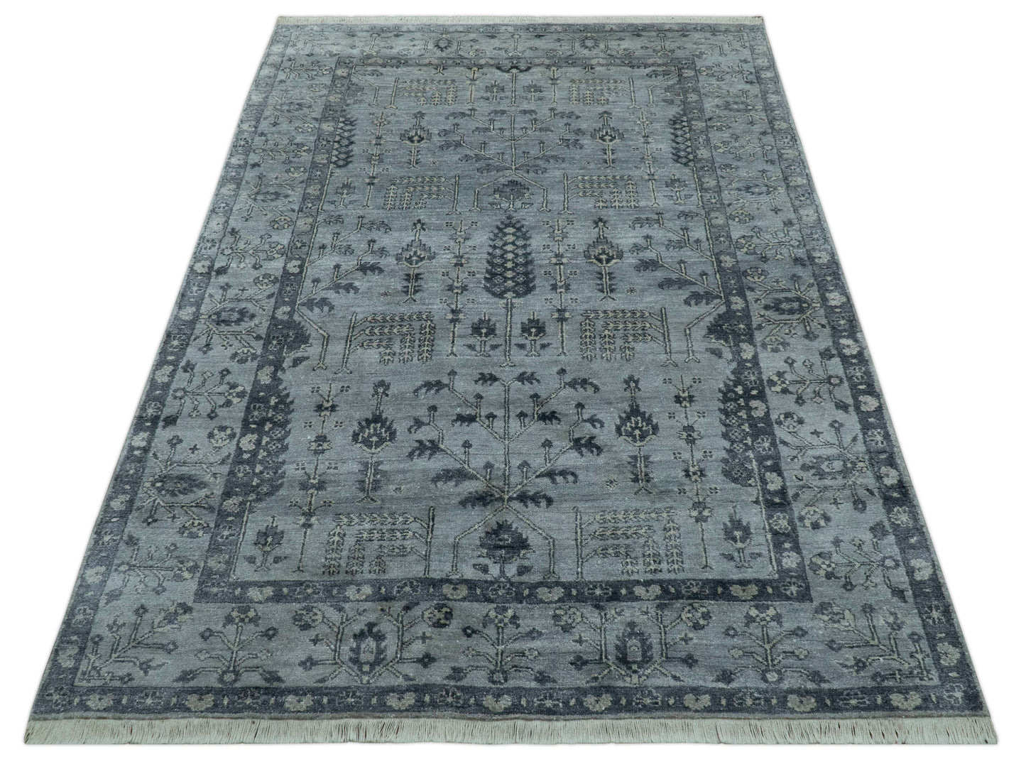 Tree of Life Silver And Gray 6x9 Hand Knotted Bamboo Silk Area Rug