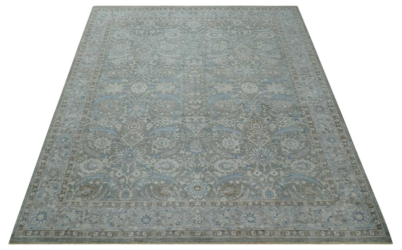 Antique Style Blue, Gray and Beige Hand knotted Classic Distressed Finished Custom Made wool Area Rug