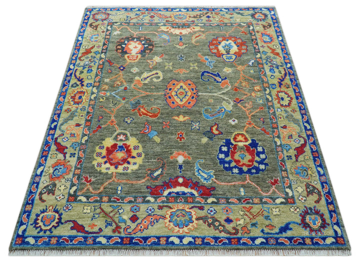 Ready to Ship 7x9 Feet Oushak Olive And Rust Hand Knotted Wool Rug
