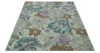 Ivory, Gray, Purple Flower Design Hand Tufted 8x10 wool Area Rug