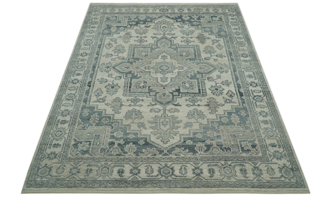 Gray And Beige Turkish Design Hand Knotted Custom Made Wool And Linen Rug