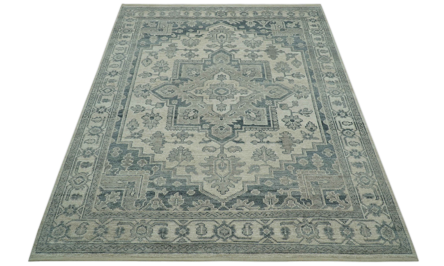 Gray And Beige Turkish Design Hand Knotted Custom Made Wool And Linen Rug