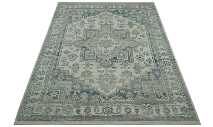 Gray And Beige Turkish Design Hand Knotted Custom Made Wool And Linen Rug