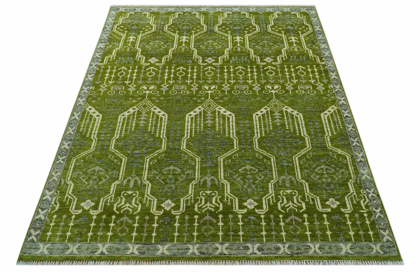 Contemporary Design Green And Beige Hand Knotted 8x10 Wool Area Rug