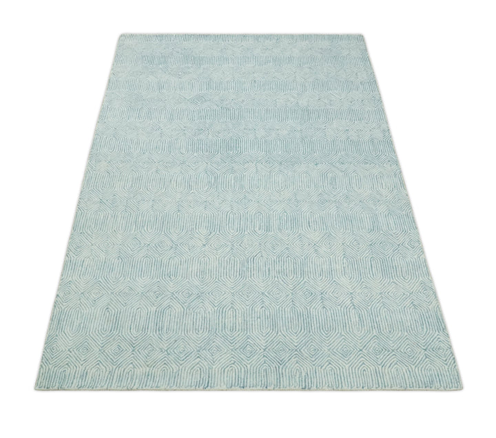 Ready to Ship Teal And Ivory Modern Contemporary Hand Tufted 6x9 Wool Rug