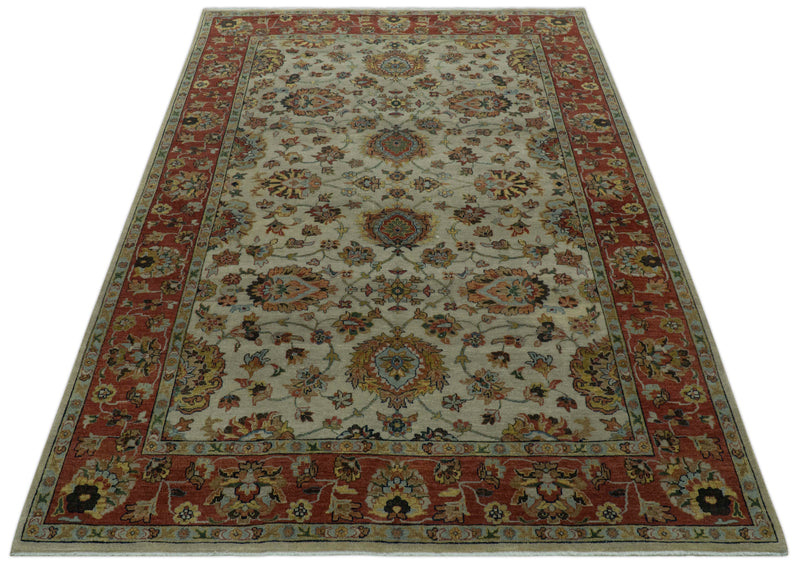 Traditional Heriz Design Beige And Brown  6x9 Hand Knotted Wool Area Rug