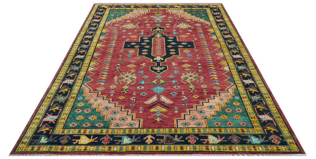 Custom Made Red And Green Traditional Heriz Design Hand Knotted Wool Rug