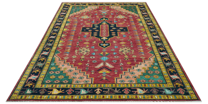 Custom Made Red And Green Traditional Heriz Design Hand Knotted Wool Rug