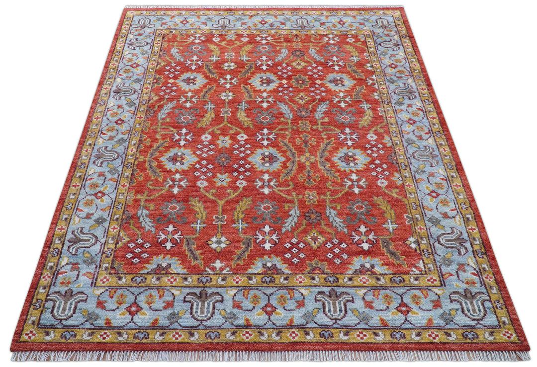 Traditional Turkish Design Rust And Blue Hand Knotted Wool Rug