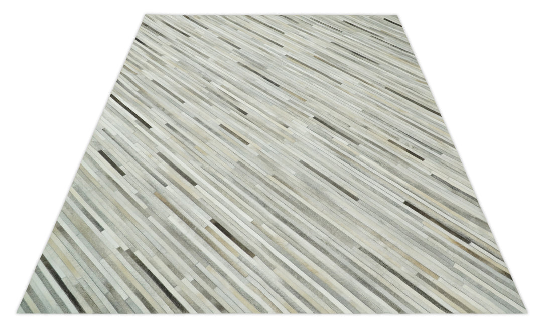 Ready to Ship 9x12 Modern Beige and Silver Handmade Leather Rug