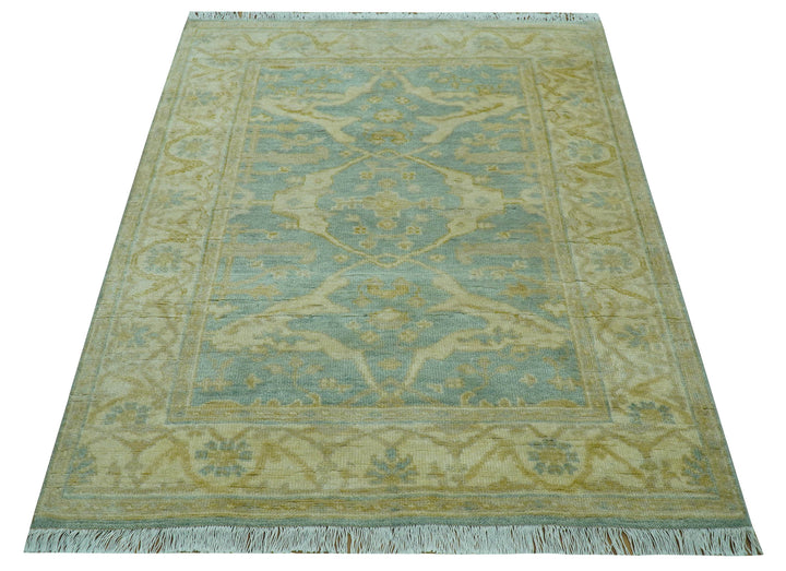 Traditional Oushak Design Blue And Beige 4x6 Hand Knotted Wool Area Rug
