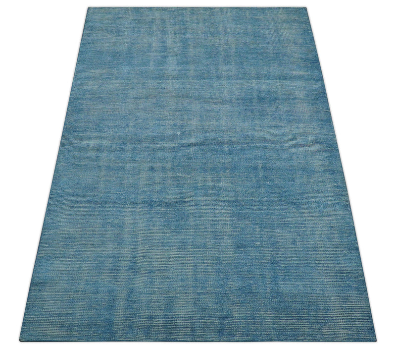 Modern Solid Design Gray And Blue 5x8 Hand Knotted Wool Area Rug