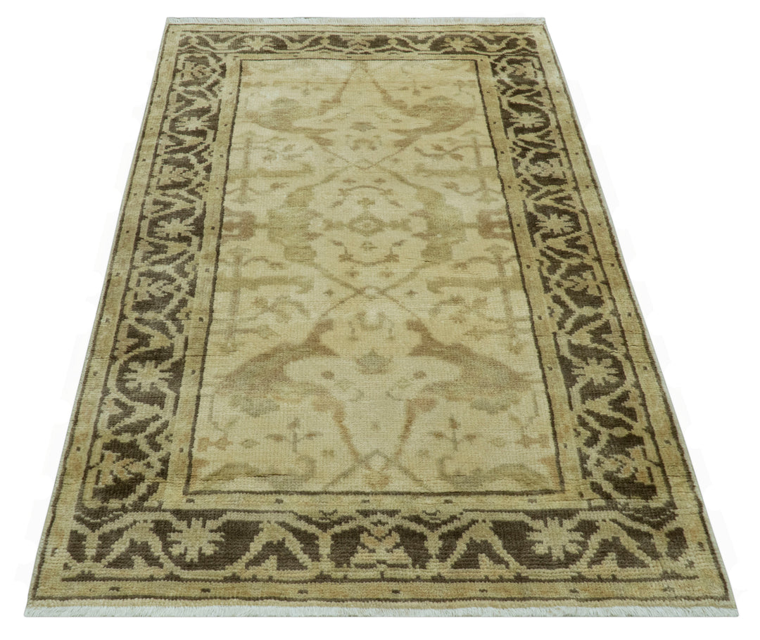 Beige And Brown Traditional Oushak Design Hand Knotted 3x5 Wool Area Rug
