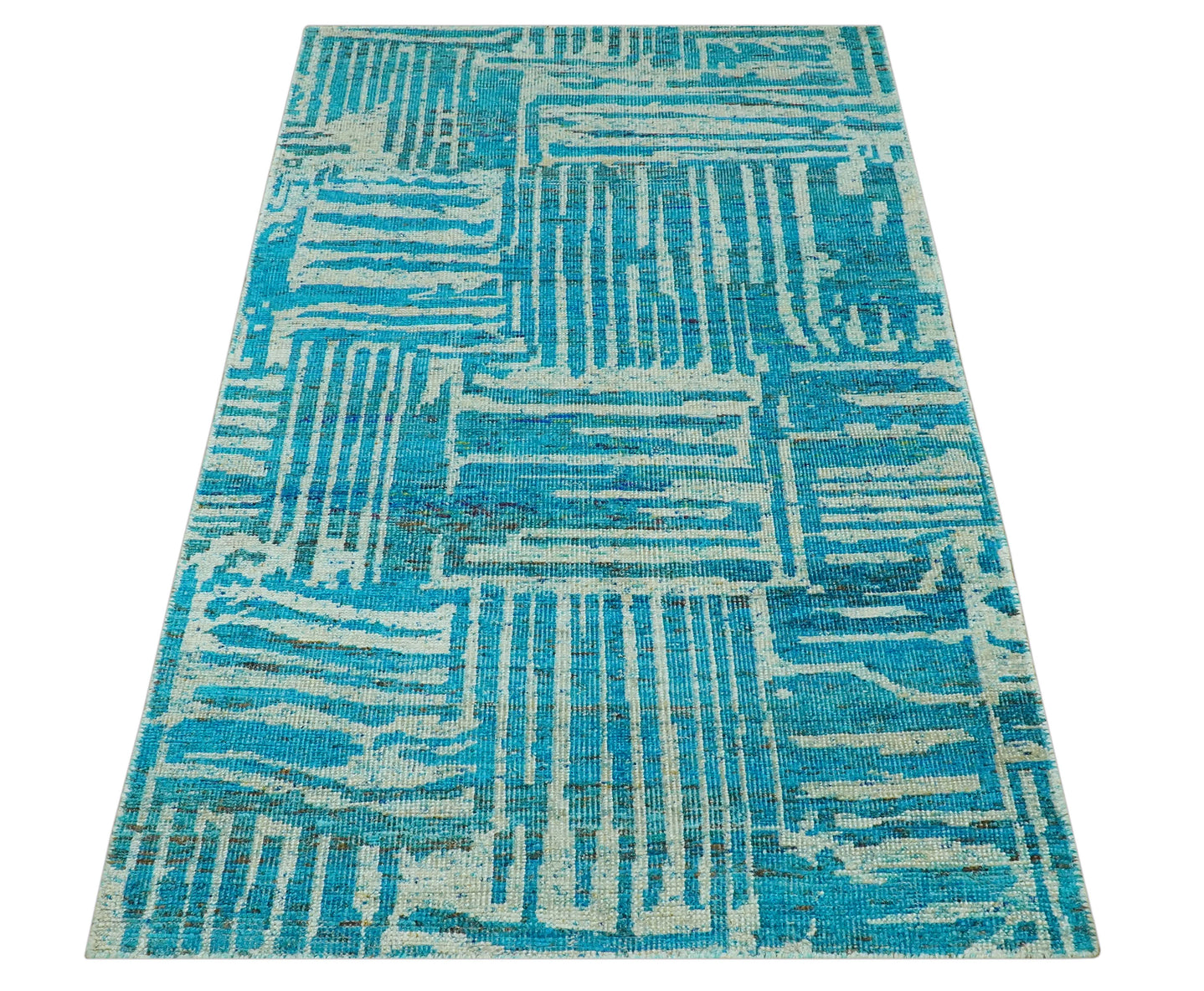 Modern stripes design Blue and Beige 5x8 Hand knotted wool area rug