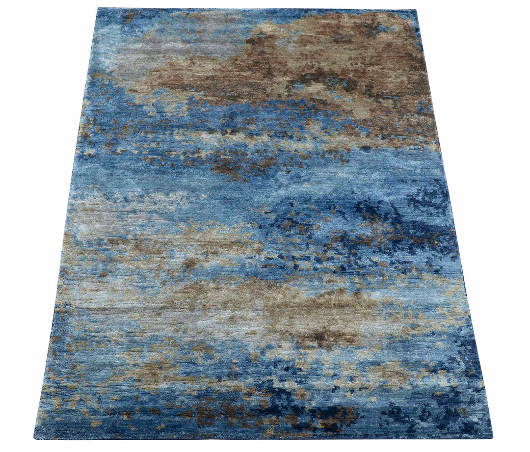 Modern Abstract Blue And Beige 4x6 Hand Knotted Bamboo Silk Rug