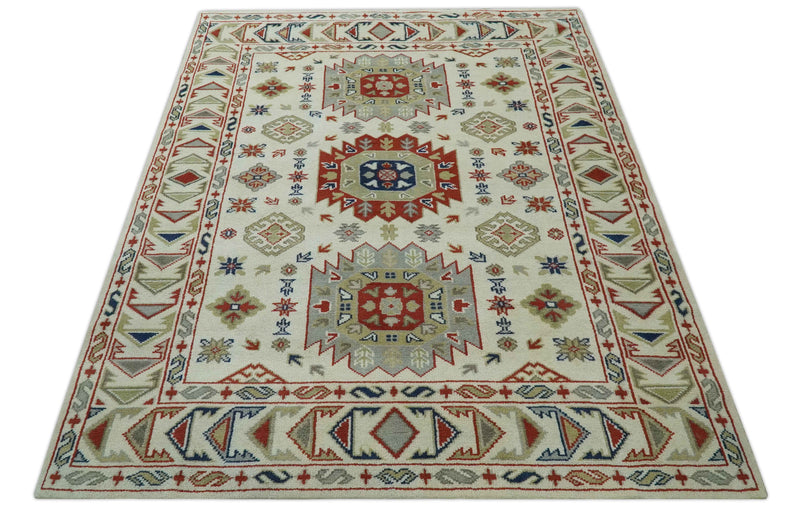 Traditional Mamluk design Ivory, Rust and Olive Hand knotted Multi Size wool rug