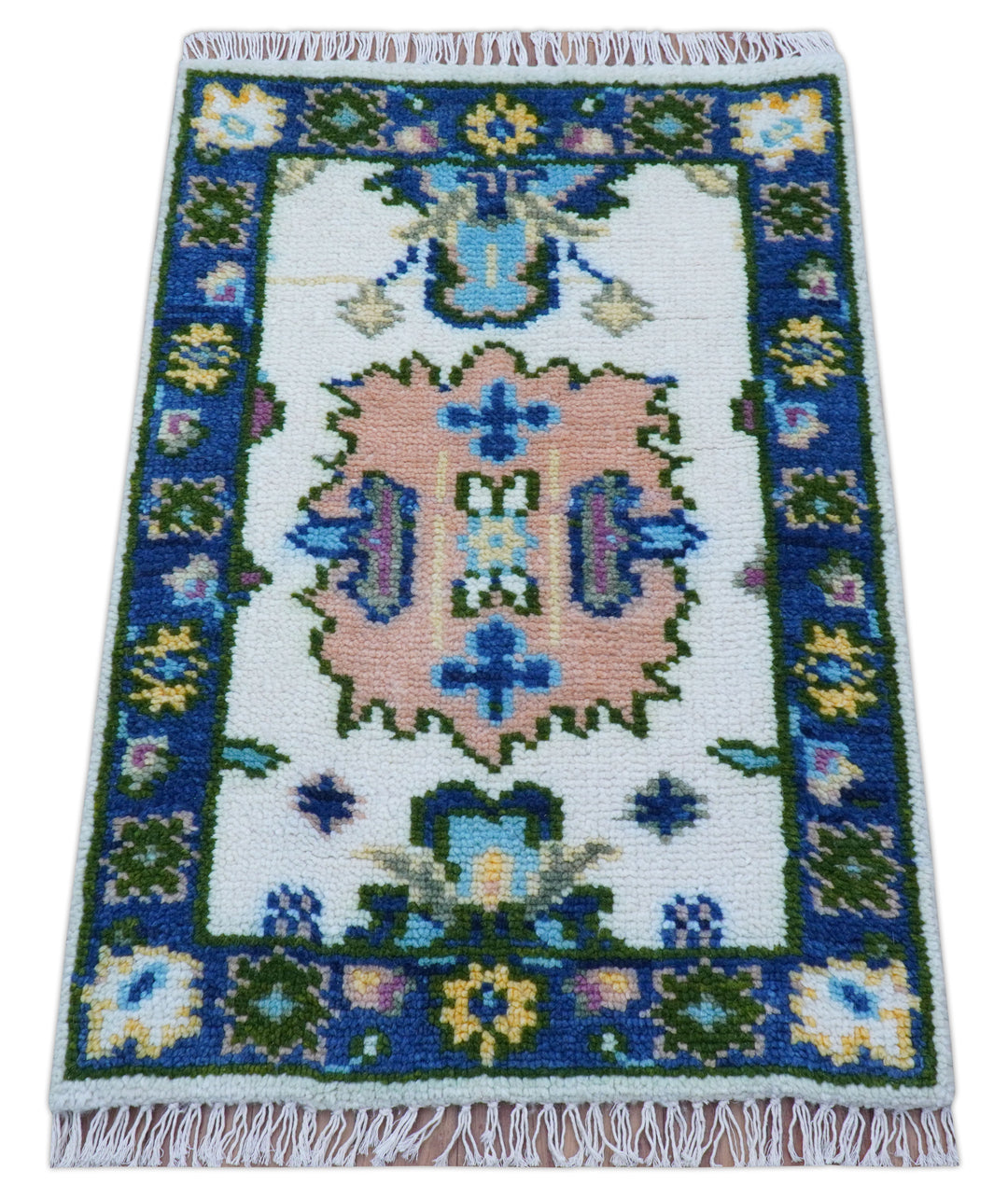 2x3 Ivory And Blue Oushak Hand Knotted Wool Rug